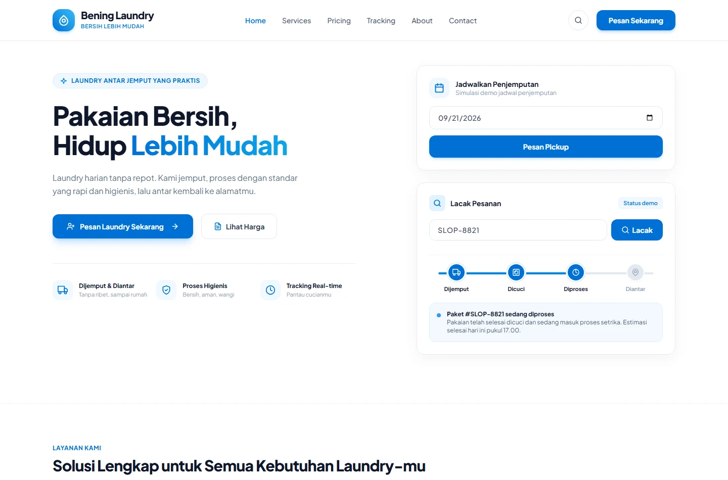 Preview website Bening Laundry dengan pilihan layanan dan antar jemput