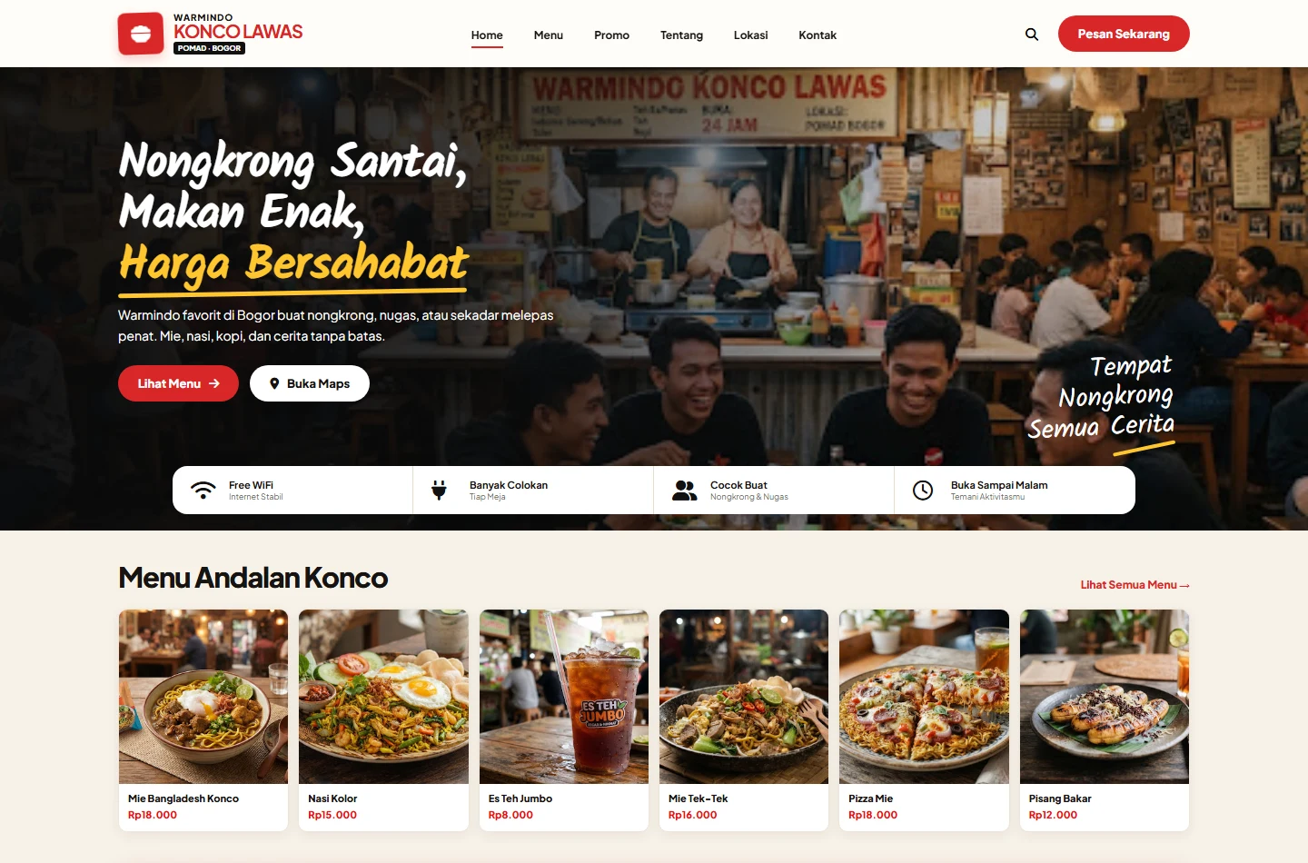 Preview website Warmindo Konco Lawas dengan menu makanan dan lokasi